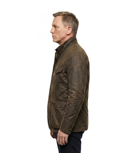 Man wearing a brown leather jacket on a white background