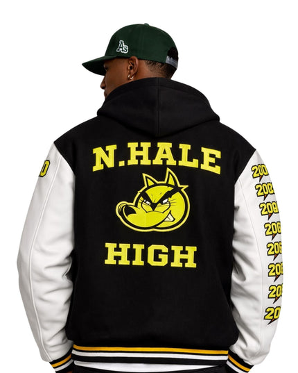 Person wearing a black and white varsity jacket with 'N. Hale High' text and logo on the back.