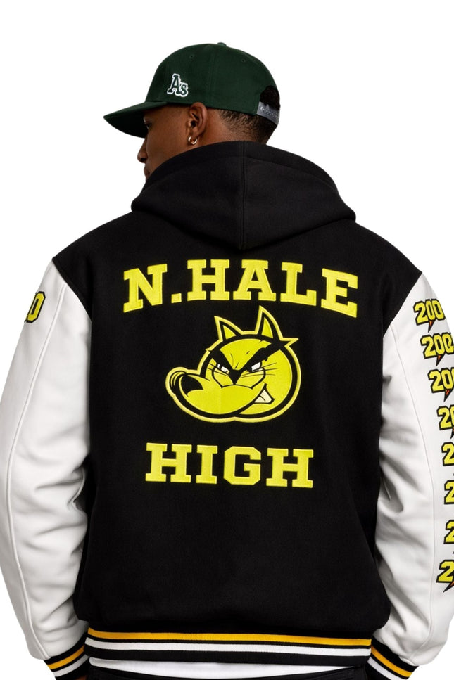 Person wearing a black and white varsity jacket with 'N. Hale High' text and logo on the back.