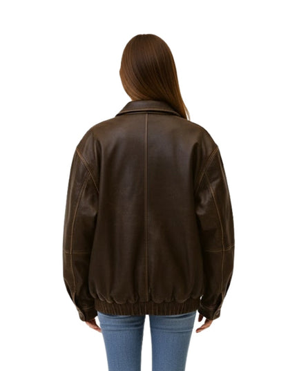 Person wearing a brown leather jacket on a white background
