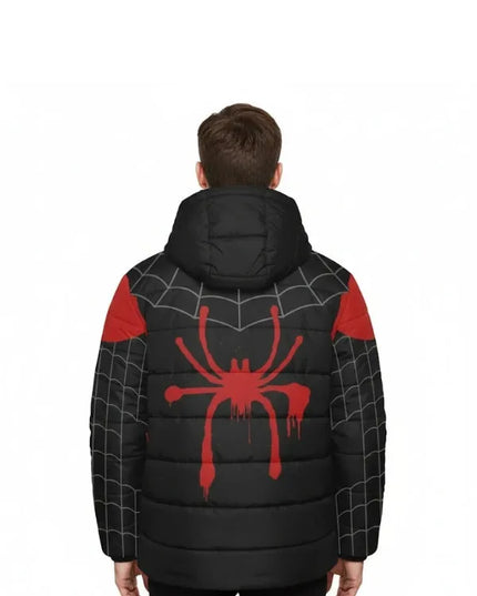 Spider-Man Miles Morales kids black and red puffer jacket featuring a fun superhero design for cold weather