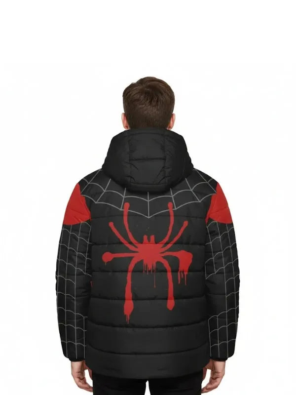 Spider-Man Miles Morales kids black and red puffer jacket featuring a fun superhero design for cold weather