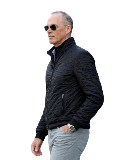 Man wearing a black jacket and sunglasses on a white background