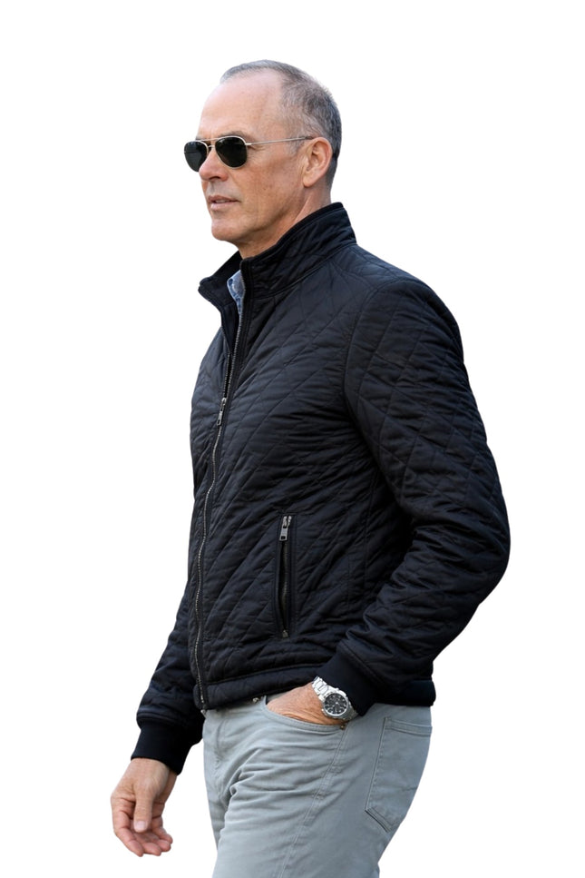 Man wearing a black jacket and sunglasses on a white background