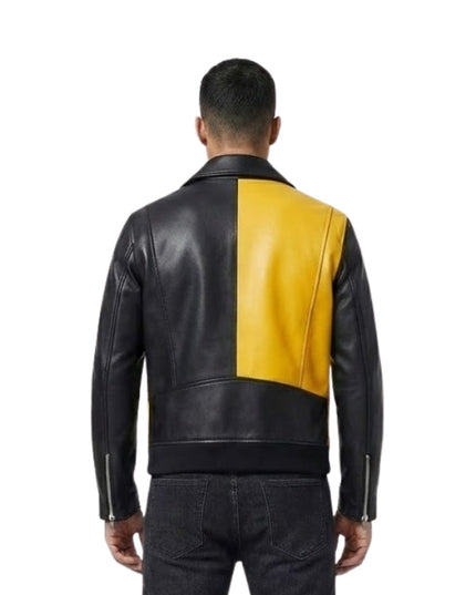 Men's Yellow & Black Cowhide Leather Biker Jacket