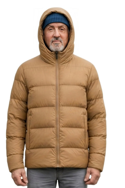Man wearing a brown puffer jacket on a white background