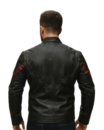 Black leather jacket with red accents on a white background