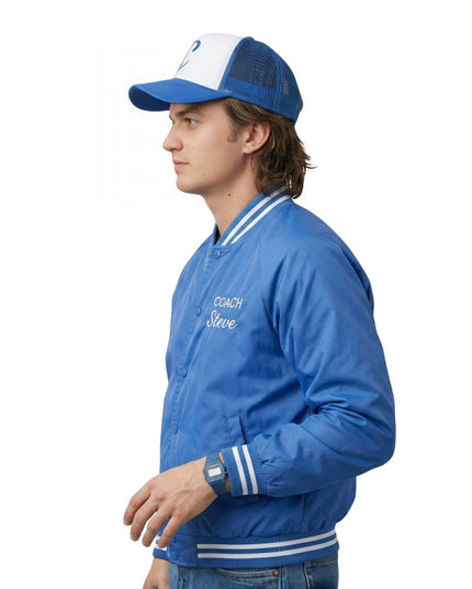 Person wearing blue jacket on a white background.