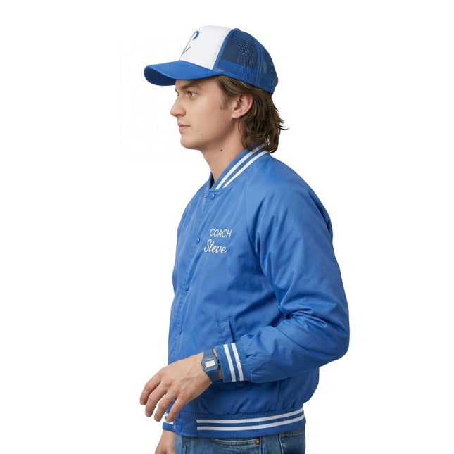 Person wearing blue jacket on a white background.