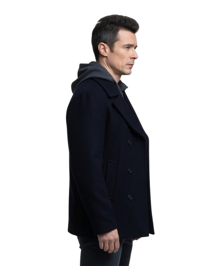 Man wearing a black coat on a white background