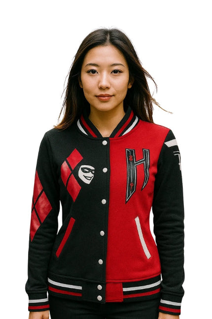 Person wearing a black and red varsity jacket with a logo on a white background