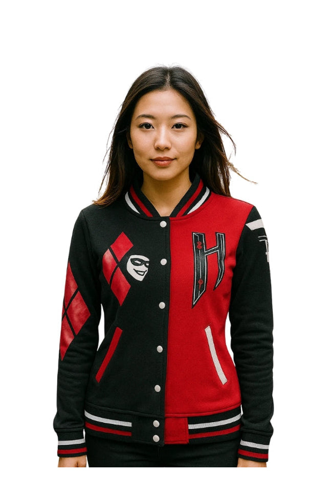 Person wearing a black and red varsity jacket with a logo on a white background