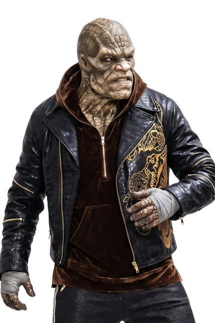 Character in a detailed leather jacket with intricate designs on a white background