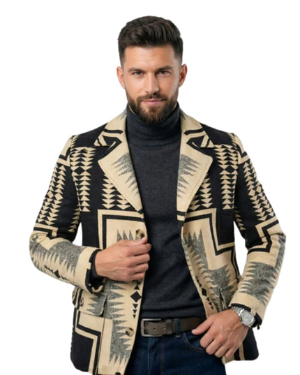 Man wearing a patterned blazer on a white background