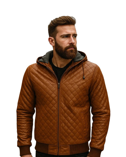 Tan Brown Bomber Style Quilted Leather Jacket