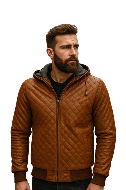 Tan Brown Bomber Style Quilted Leather Jacket
