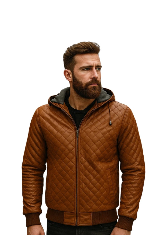 Tan Brown Bomber Style Quilted Leather Jacket