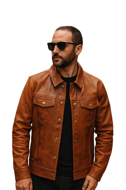 
Tan Brown Trucker Style Genuine Leather Jacket