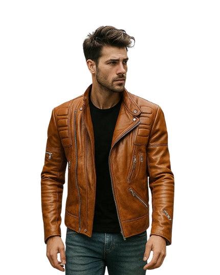 Man wearing a brown leather jacket on a white background