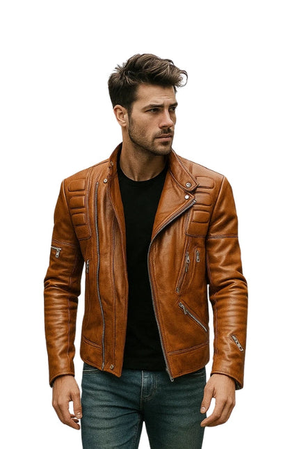Man wearing a brown leather jacket on a white background