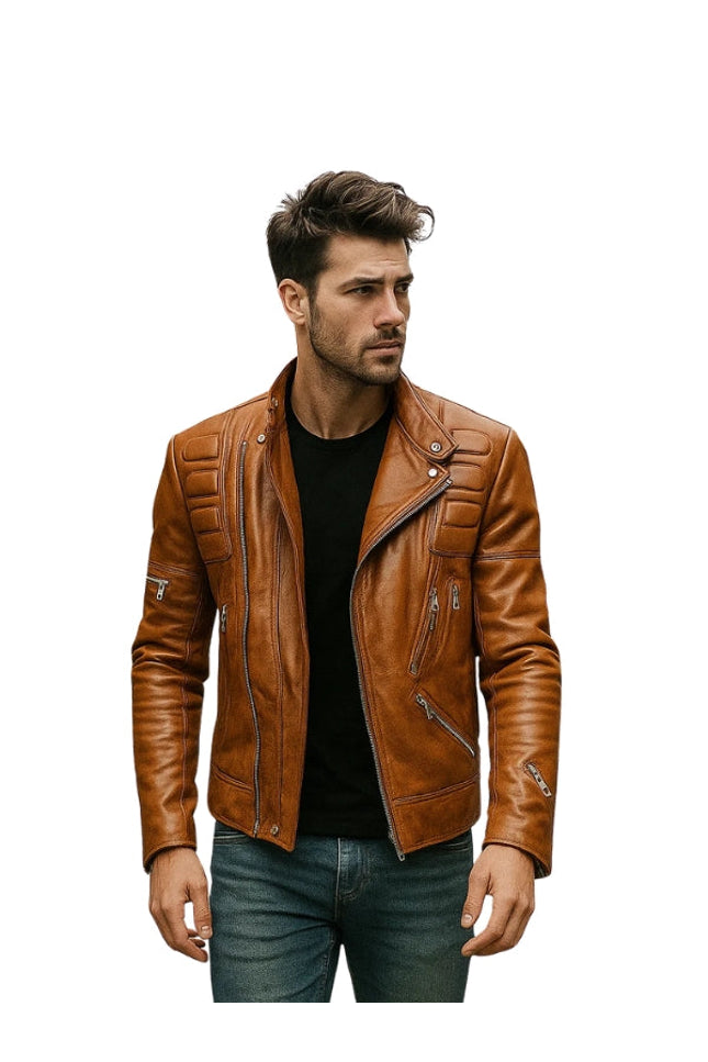 Man wearing a brown leather jacket on a white background