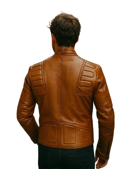 Brown leather jacket worn by a person on a white background