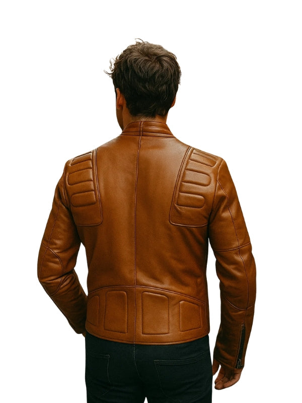 Brown leather jacket worn by a person on a white background