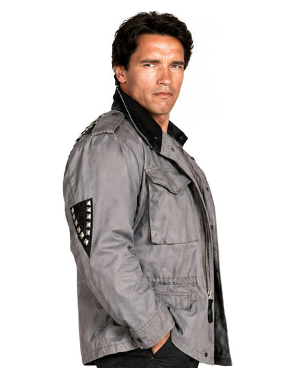 Person wearing a grey jacket on a white background 