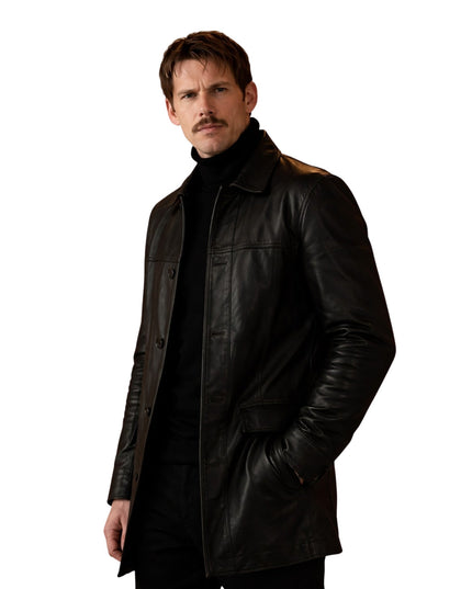 Man wearing a black leather coat on a white background