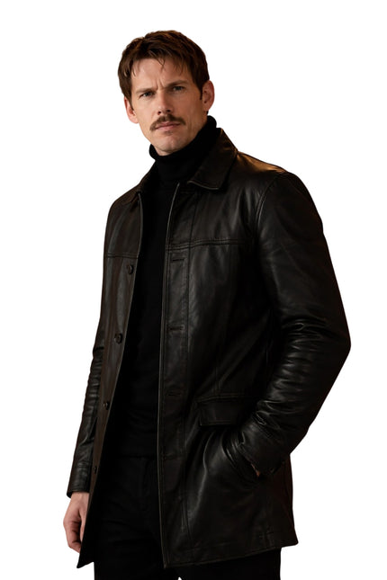 Man wearing a black leather coat on a white background