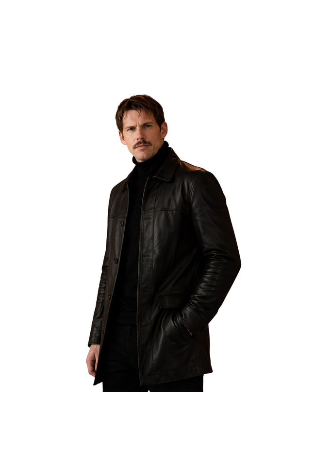 Man wearing a black leather coat on a white background