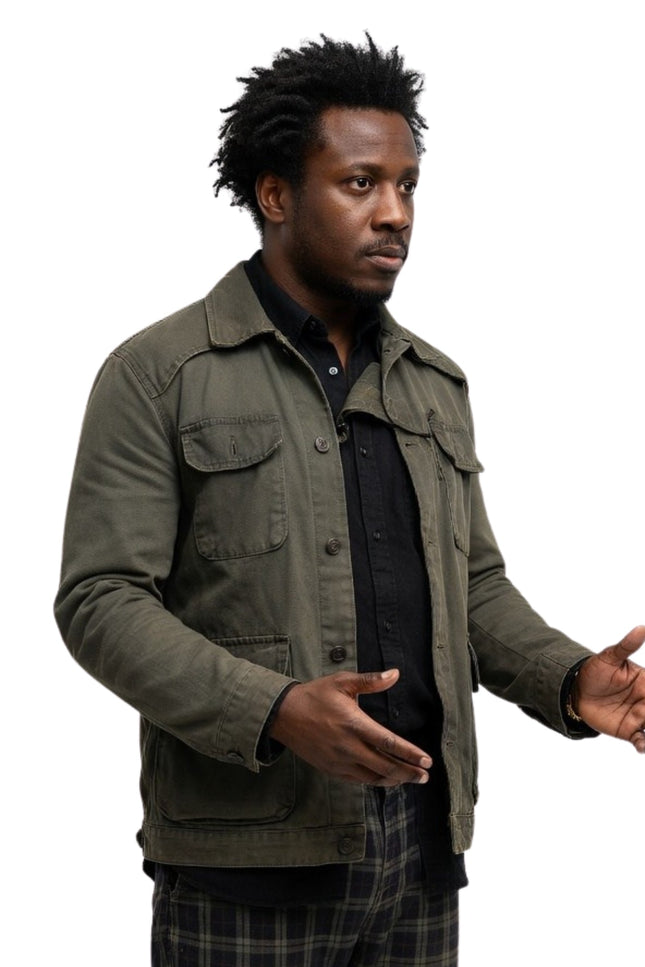 Man wearing a green jacket on a white background