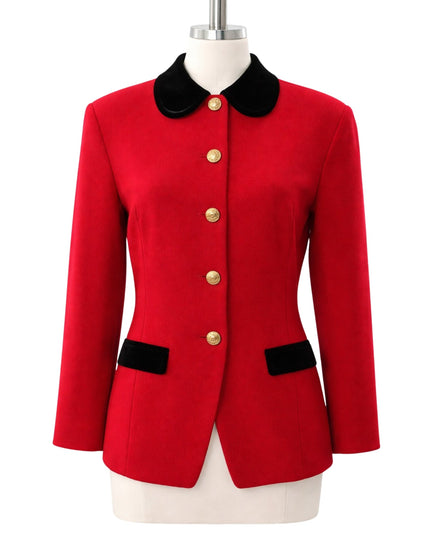 Red jacket with black collar and buttons on a mannequin against a white background