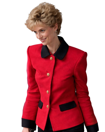 Woman wearing a red jacket with black accents on a white background