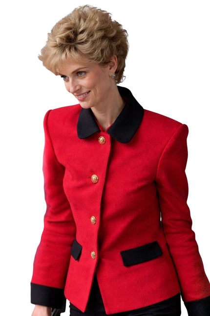 Woman wearing a red jacket with black accents on a white background