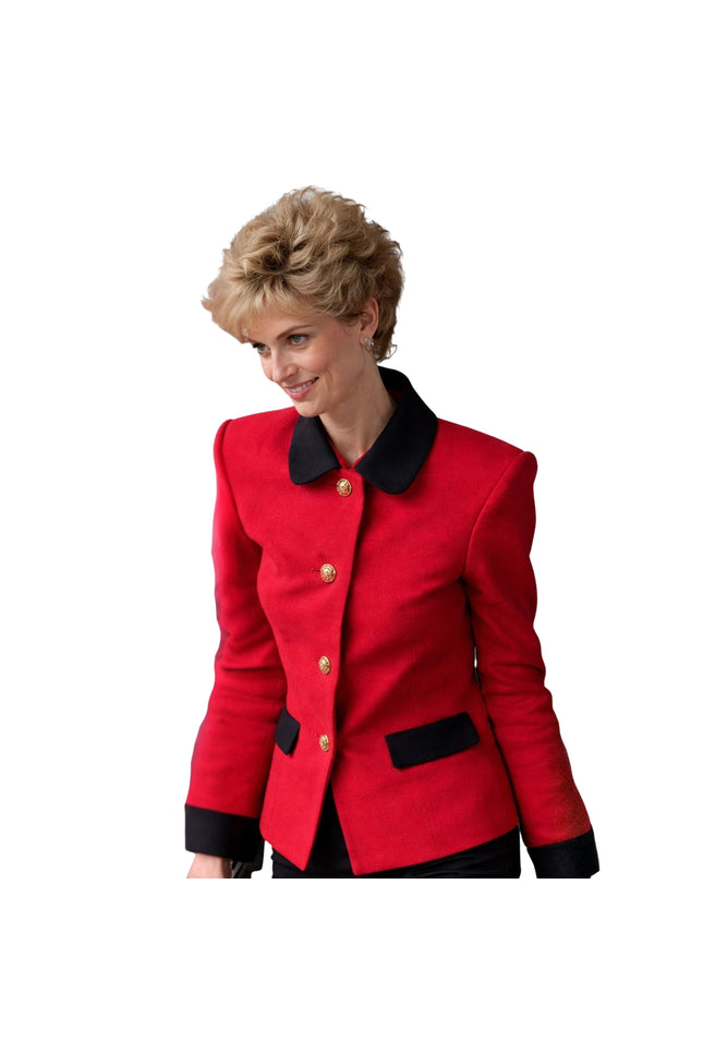 Woman wearing a red jacket with black accents on a white background