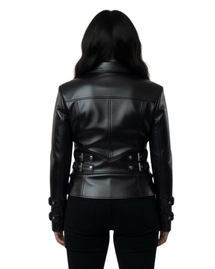 Black leather jacket worn by a person on a white background