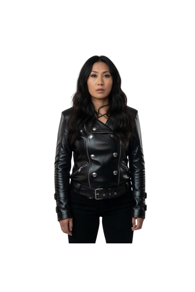 Woman wearing a black leather jacket on a white background