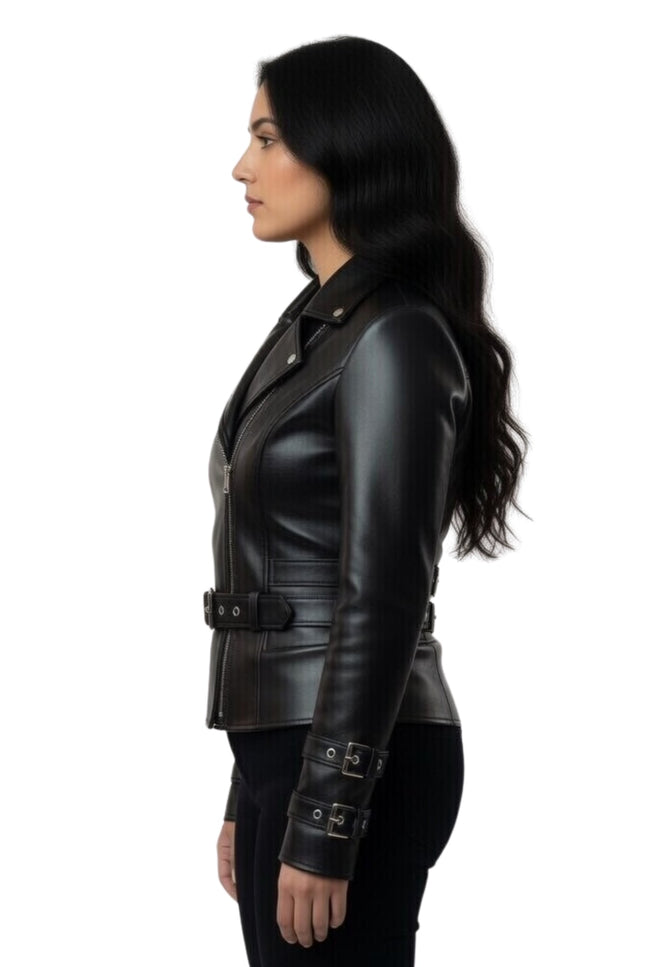 Black leather jacket worn by a person on a white background