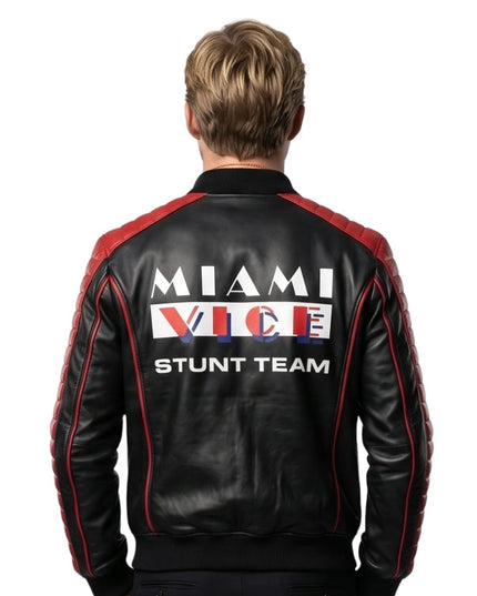 Black leather jacket with 'Miami Vice Stunt Team' text on the back, worn by a person.