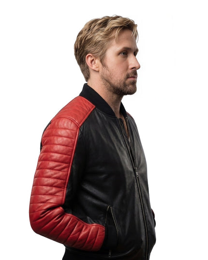 Man wearing a black and red leather jacket on a white background
