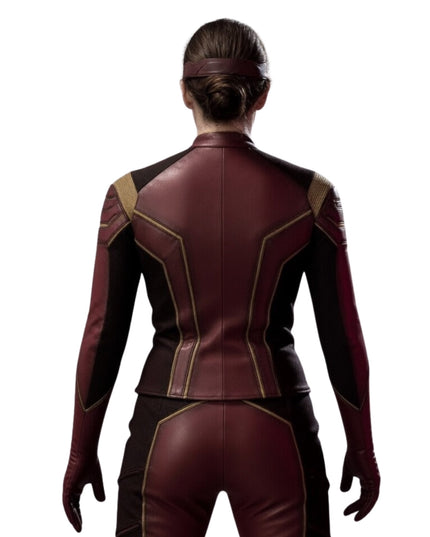 Maroon superhero suit with gold accents on a white background