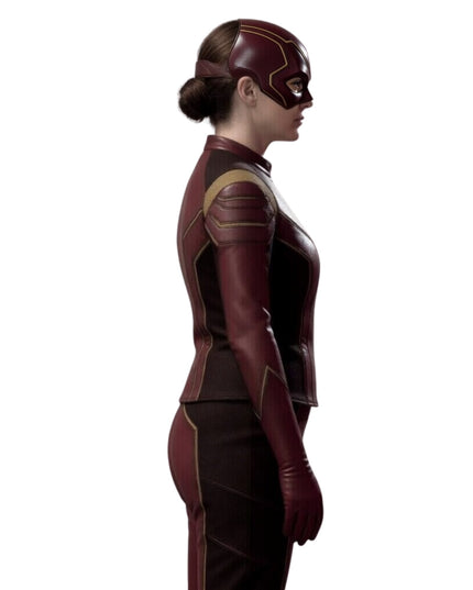 Person wearing a red and black superhero costume with a mask on a white background