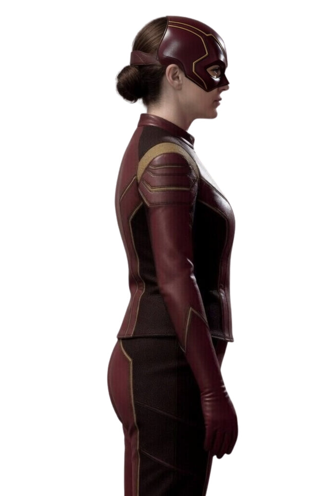 Person wearing a red and black superhero costume with a mask on a white background
