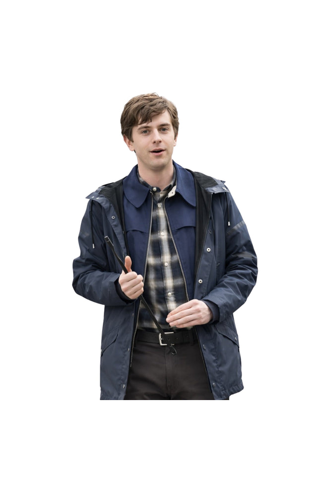 Man wearing a blue raincoat over a plaid shirt on a white background