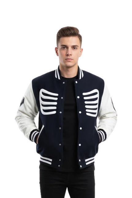 Man wearing a navy and white varsity jacket with skeleton design on a white background