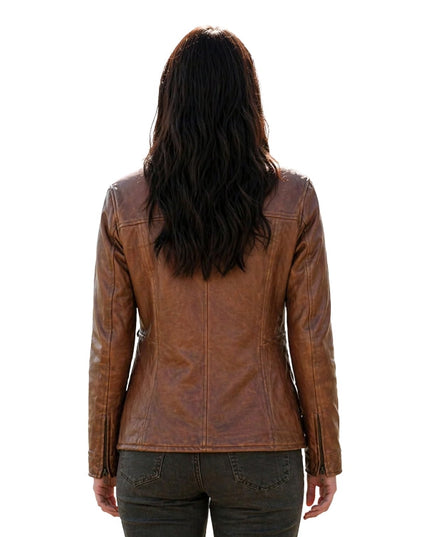 Brown leather jacket worn by a person on a white background