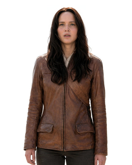 Person wearing a brown leather jacket on a white background