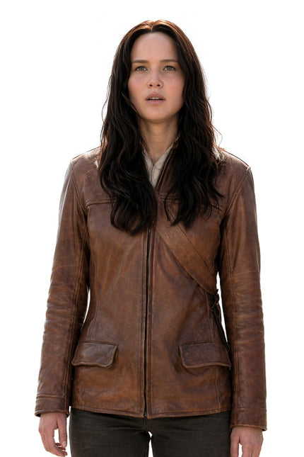 Person wearing a brown leather jacket on a white background