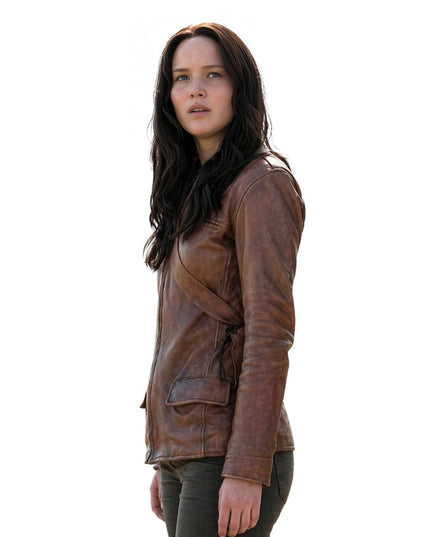 Woman wearing a brown leather jacket on a white background